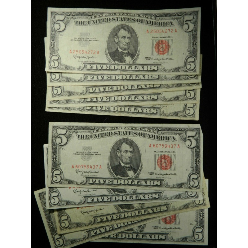 Lots of 5 $5 Red Seal Dollars Red Certificate Old Estate Money Lot 1953 - 1963