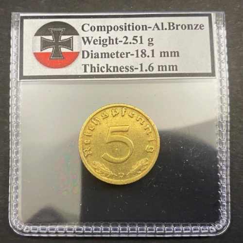 Germany WWII Era Third Reich Nazi Genuine 5 Pfennigs Coin 1936-1939 Al.Bronze